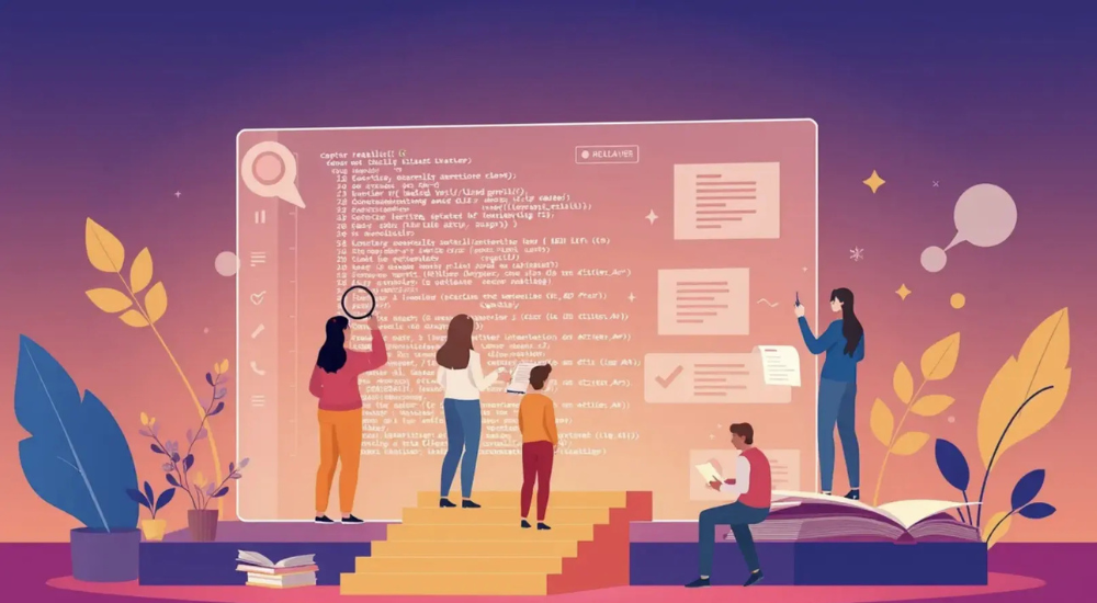 An illustration of a diverse group of people collaboratively analyzing and discussing code displayed on a large transparent screen, surrounded by books, plants, and abstract symbols, set against a vibrant gradient background.